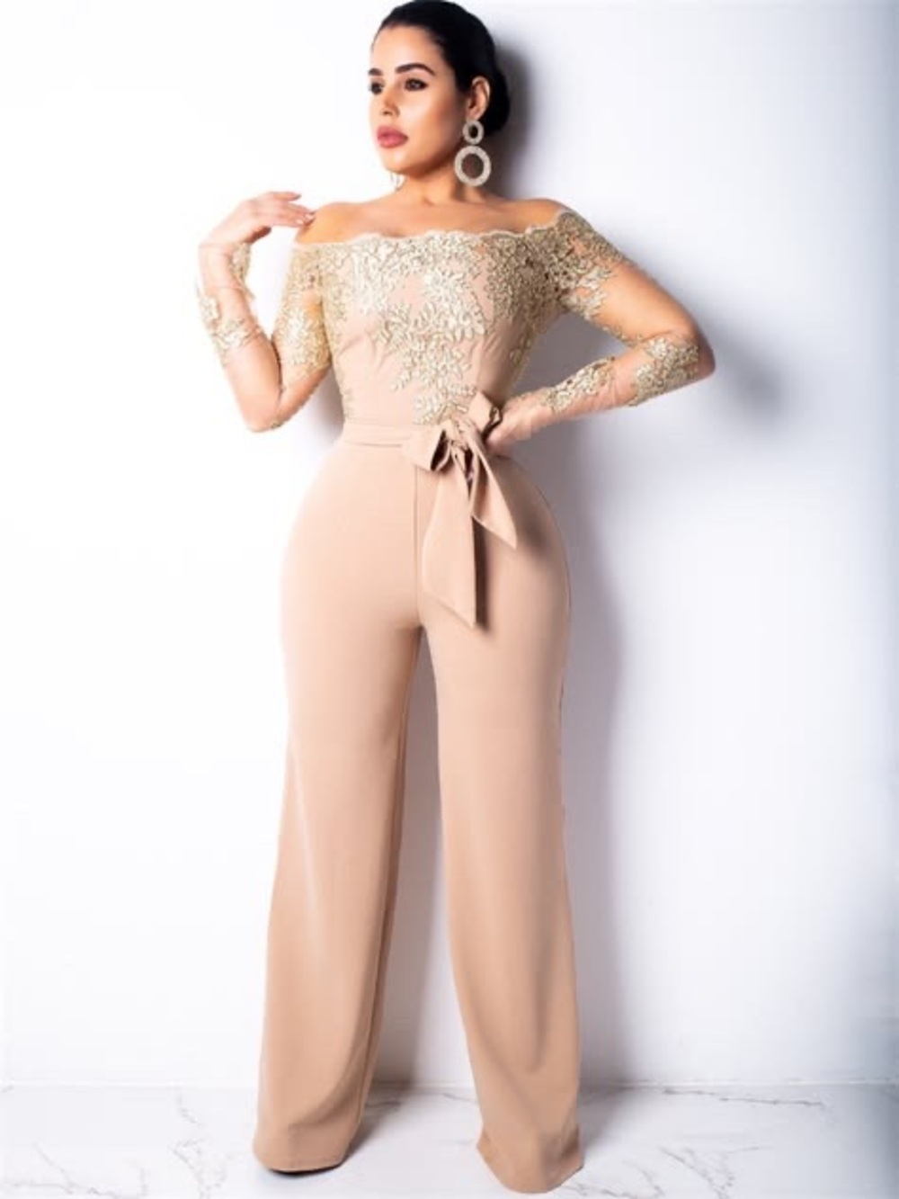 Elegant Nude Off-Shoulder Jumpsuit with Lace Appliqué